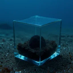 a small glass cube at the bottom of the ocean, extremely dark!!!, interior, creepy,