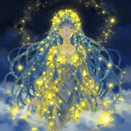 maximalist old ukrainian woman!!!! fully covered in yellow and blue glimmering fireflies!!!, disarming, enchanting, fragile, hopeful, cloudcore, portrait, gapmoe yandere grimdark, trending on pixiv fanbox, painted by makoto shinkai takashi takeuchi studio ghibli, akihiko yoshida