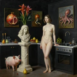 realistic painting of a luxurious female artist's kitchen, black dripping walls, tall emo girl, stone sculpture, a pig, a pear, paintings on black walls, pomegranate, bromeliads, tusks, octopus, courgettes, berries, zen, sensual, surrealist painting by magritte and rousseau
