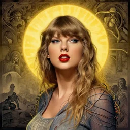 Woman masterpiece, Taylor Swift, yellow, golden halo behind her head, wires everywhere, by Edgar Maxence and Ross Tran, Zdzisław Beksiński, and Michael Whelan, distant, gustav dore, H.R. Giger, 8k, octane render