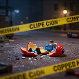 a broken toy, crime scene, investigation, evidence, crime photos, night