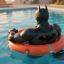 a close - up photo of batman, the photo was taken from behind, he is using a life preserver and relaxing, he is floating over a giant pool, golden hour, high detail, unreal engine 5, trending on artstation