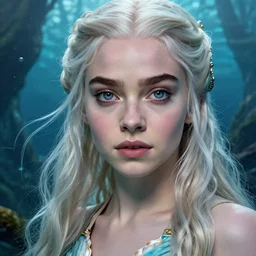 Daenerys Targaryen as a mermeid with a piercing gaze wearing a shell bikini in an underwater magical forest, highly detailed face, realistic face, beautiful detailed eyes, fantasy art, in the style of JAMES MCCARTHY, illustration, epic, fantasy, intricate, hyper detailed, artstation, concept art, smooth, sharp focus, ray tracing, vibrant, photorealistic