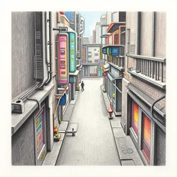 an absurdly-detailed isometric cyberpunk alleyway colored-pencil drawing as a fancy square tile