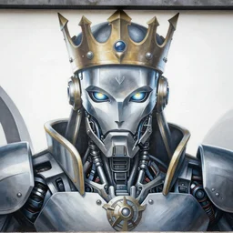 beautifully painted mural of a mechanical cyborg king, piercing glowing eyes, intricate, highly detailed, incredible lighting, mural in the style of sandro botticelli, caravaggio, albrecth durer