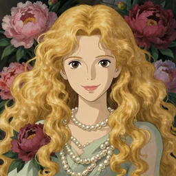 young blond girl, macabre dark goddess of pearls and peonies, with long curly, hazelnut hair, perfectly proportioned face, brown eyes, sweet smile, strong jawline, by takato yamamoto, natural lighting, path traced, highly detailed, high quality, cartoon, digital painting, by new haicheng and studio ghibli, alphonse mucha