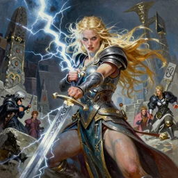 A mixed media painting of the beautiful blonde viking goddess of war with a sword of lightning, very aesthetic, detailed face, by Frank Frazetta, Greg Rutkowski, Boris Vallejo, Beeple, Yoko Taro, Christian MacNevin, epic fantasy character art, goddess of anger, viking runes, elven, high fantasy, CGsociety, full length, exquisite detail, post-processing, low angle, nier automata, masterpiece, cinematic, odin's stone arena background