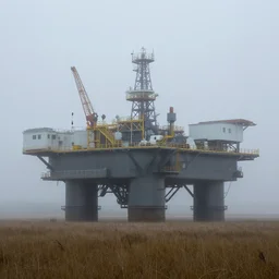 on a foggy morning, stormy misty huge oil platform on the prairie, by greg rutkowski