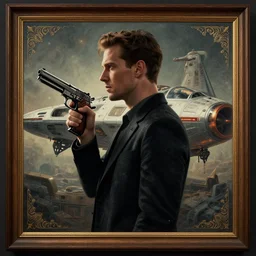 side profile centered portrait, man with a gun, spaceship in the background, by artgerm, miles johnstone, frames,. poster, 8 k. elegant, intricate, octane render