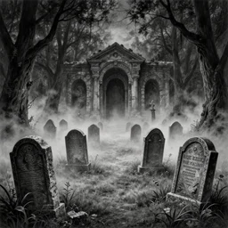 an endless eerie graveyard with ancient tombstones, misty, strands of fog, catacomb in background, frame is flanked by dark trees, creepy, night, finely detailed extremely realistic black and white pencil drawing
