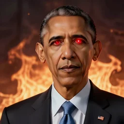 Obama red flashlight glowing eyes, hell flames are burning behind Obama, trending on unreal engine 5, 40nm lens, 4k,