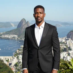 high quality photo of a black man wearing a black suit in front of rio de janeiro, realistic photo