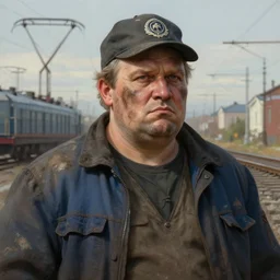 a russian railroad electrician!!!, siberia!!, portrait, intricate, dirty, fat, ugly, highly detailed, digital painting, artstation, concept art, wallpaper, smooth, sharp focus, illustration, art by artgerm and greg rutkowski and alphonse mucha