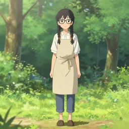 a beautiful full body portrait of a young woman with twin braids, wearing glasses and an apron standing in a park, symmetric and beautiful face, makoto shinkai, james gilleard, ilya kuvshinov, very detailed, matte, gaussian blur, tone mapped William-Adolphe, trending on pixiv