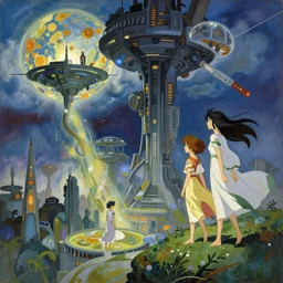 a beautiful painting of a science fiction landscape, dynamic composition, dramatic, atmospheric, by alfons maria mucha and julie dillon and makoto shinkai