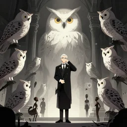 wise arrogant elegant horror massive court of owls, pixiv fanbox, dramatic lighting, maximalist desaturated muted color palette, splatter paint, pixar and disney concept, graphic novel by fiona staples and dustin nguyen, peter elson alan bean wangechi mutu, clean cel shaded vector art, trending on artstation