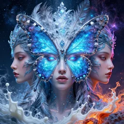 3 d goddess butterfly face portrait, face in the center, bioluminescent, beautiful intricate highly detailed quetzalcoatl feathers. ice, galaxy, plasma, lava, milk, artwork by tooth wu and wlop and beeple and greg rutkowski, 8 k trending on artstation, volumetric lighting