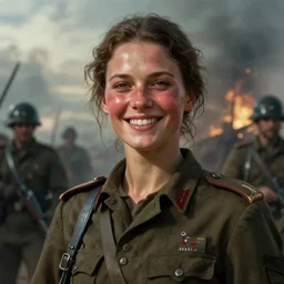 cinematic shot epic portrait an female soldier smiling, majestic, beautiful, blush, sweaty skin, battlefield backround, broad light, ambient occlusion, volumetric light effect, made by ivan aivazovsky, peter mohrbacher, greg rutkowski, matte painting, trending on artstation, 4 k, perfectly defined features, digital painting, cinematic, epic, highly detailed,