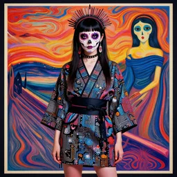 cute punk goth fashion hippy fractal Día de los Muertos android girl wearing kimono made of circuits posing by Zhang Jingna, psychedelic poster art by Hannah Höch Käthe Köllwitz Victor Moscoso Rick Griffin Alphonse Mucha Edward Munch Ayami Kojima