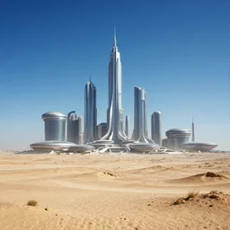 futuristic city seen from afar from a wasteland, daylight, blue sky, cinematic lighting, blue sky, syd mead, john harris