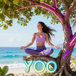 a beautiful woman sitting on top of a neon tree doing yoga and smiling. she has long long hair that is flowing into the ocean nearby. the view is bright and happy and colorful. realistic photo and a yoga sign