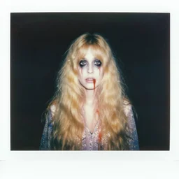 an instant photo of a beautiful but sinister ghost in layers of fear, with haunted eyes and wild blonde hair, 1 9 7 0 s, seventies, woodlands, delicate embellishments, a little blood, crimson, painterly, offset printing technique, mary jane ansell