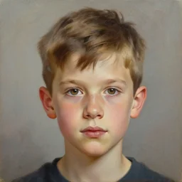 beautiful oil painting of a boy with short side part light brown hair and brown eyes
