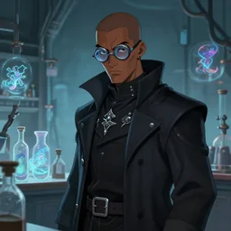 portrait of a male holomancer in the lab, brown skin, nerd goggles, frown, jet black longcoat, vials, holographic creatures, high fantasy, dnd, face details, extremely detailed, smooth, sharp focus, digital illustration, by artgerm, rossdraws, sakimichan