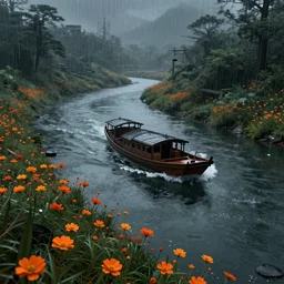a boat wandering in the river, asia, cyberpunk, japan, land, rain, dark, lostus flowers, octance render, artstaion, 8 k, fantasy, by josan gonzalez