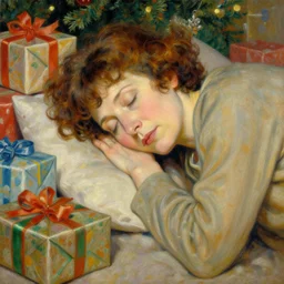 fifty year old woman with short wavy curly hair, asleep at christmas. surrounded by gifts. high quality detailed face. beautiful painting by artgerm and greg rutkowski and alphonse mucha