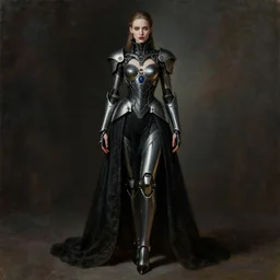full body portrait of beautiful gothic and futuristic fashion model, elegant space armour, cyber armour, highly detailed, artstation, illustration, composition, 8 k quality, art by jean delville, rene magritte, hyperrealism oil painting