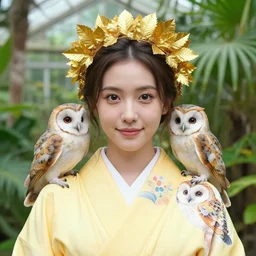 symmetry!. portrait photograph of an extremely beautiful!!!! young female, symmetric face!, symmetric round detailed eyes!!, slight smile, natural light, wearing a yellow!!!!!! kimono!! with a very detailed barn owl! on her shoulder in a tropical greenhouse. shallow focus!!!!. looking at the camera!!. golden crown!! made of golden leaves. super resolution. extremely detailed face.