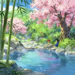 a natural mountain hotspring, colorful anime movie background, key visual, bamboo, cherry blossom tree, a fantasy digital painting by makoto shinkai and james gurney, trending on artstation, highly detailed