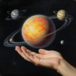 a hand with the Solar System, space background, realistic painting, classical painting, high definition, digital art, matte painting, very detailed, realistic
