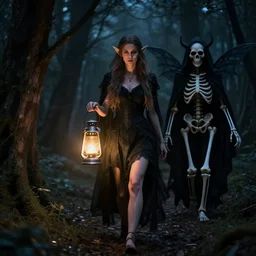 a photo of woman elf walks in night forest holding lantern in hands hunted by dark fairy demon ghost of death black skeleton in cloak hood, front view, perfect faces