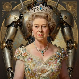 portrait of a queen elisabeth ii, robot steampunk, floral! horizon zero dawn machine, intricate, elegant, highly detailed, ray tracing, digital painting, artstation, concept art, smooth, sharp focus, illustration, art by artgerm and greg rutkowski and alphonse mucha, 8 k