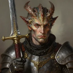 portrait of a draconic knight, holding a claymore, victorian, concept art, detailed face, fantasy, close up face, highly detailed, cinematic lighting, digital art painting by greg rutkowski