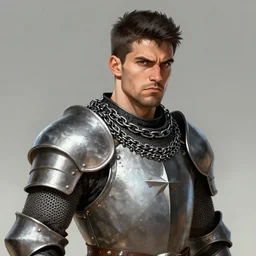 portrait, 30 year old man, spanish, squared jaw :: athletic, angered, short dark hair :: chain mail, hauberk :: high detail, digital art, RPG, concept art, illustration