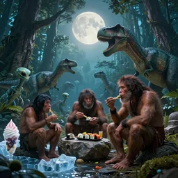 photo, hyper detailed, neanderthal people, first contact with aliens!, eating sushi, surrounded by dinosaurs!, gigantic forest trees, sitting on rocks, bright moon, ice! cream! truck!