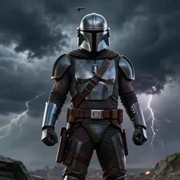 the mandalorian, epic pose, in a thunderstorm, epic scene, cinematic, ultra photorealistic, 8k, artstation