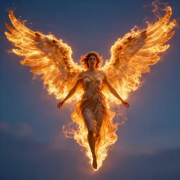 epic portrait of an angel with flaming wings, flying in the sky
