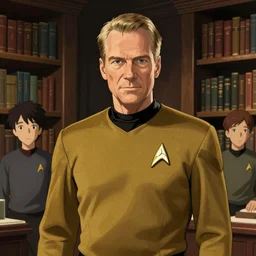 Patrick Stewart in Starfleet uniform, library background, intricate, highly detailed, digital painting, artstation, official media, anime key visual, concept art, rich vivid colors, ambient lighting, sharp focus, illustration, art by Artgerm, Makoto Shinkai, Ilya Kuvshinov, Lois Van Baarle, and Rossdraws
