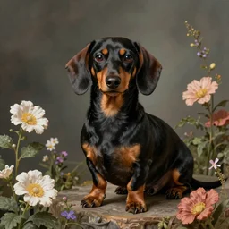 Dachshund dog sitting in flowers, highly detailed photo in the style of Franz Xaver Winterhalter and Aetherpunk