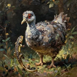 a dodo eating a lizard, oil painting