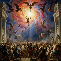 hordes of demons and angels flying into a nebula portal in the sky, baroque architecture, detailed, vivid colors, masterpiece painting, octane render, volumetric lighting, cinematic, by gustave dore, by michelangelo, by beksinski