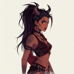Sachin Teng illustration of an afropunk female villain character, medium shot, asymmetrical, profile picture, outlines, rich colours, , trending on artstation, by Sachin Teng