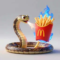 a mc donalds commercial with a 3d snake spitting blue fire which is revealing realistic fries, commercial, 3d render, Mc donalds, 4k, sharp, by Beeple, Octane Render, cinema 4d
