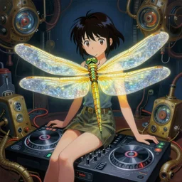 surreal gouache painting, by yoshitaka amano, by ruan jia, by Conrad roset, by good smile company, detailed anime 3d render of a Giant glowing dragonfly sitting on a DJ mixer, portrait, cgsociety, artstation, rococo mechanical and electronic, dieselpunk atmosphere