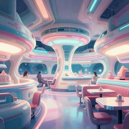 inside the retro space diner. fluorescent pleasing - palette intricate dense spaceship interior density. flowing contours with appeal, matte painting pastel from fantasia ( 1 9 4 1 )