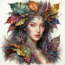 a beautiful woman in hiper detailed ink in water, intricate detailed color oilpaint, 3 d render, hyper realistic detailed portrait, big flocking color leaves, thin color fractal tendrils, ornate leaves, elegant, intense colors, ruan jia, wlop. scifi, fantasy, hyper detailed, wide shot, octane render, concept art, by peter mohrbacher, by alphonse